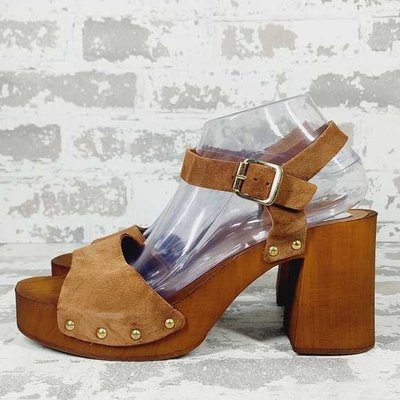 New Steve Madden Alabama Platform Suede Brown Strap Wooden Studded Sandals F642 - Picture 1 of 11